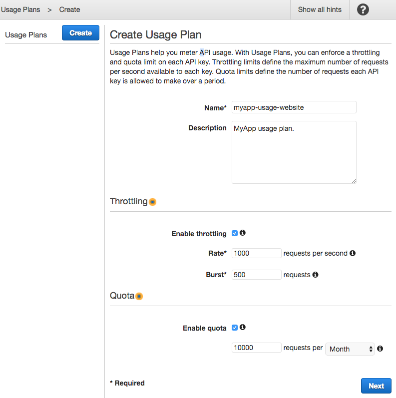 Create usage plan