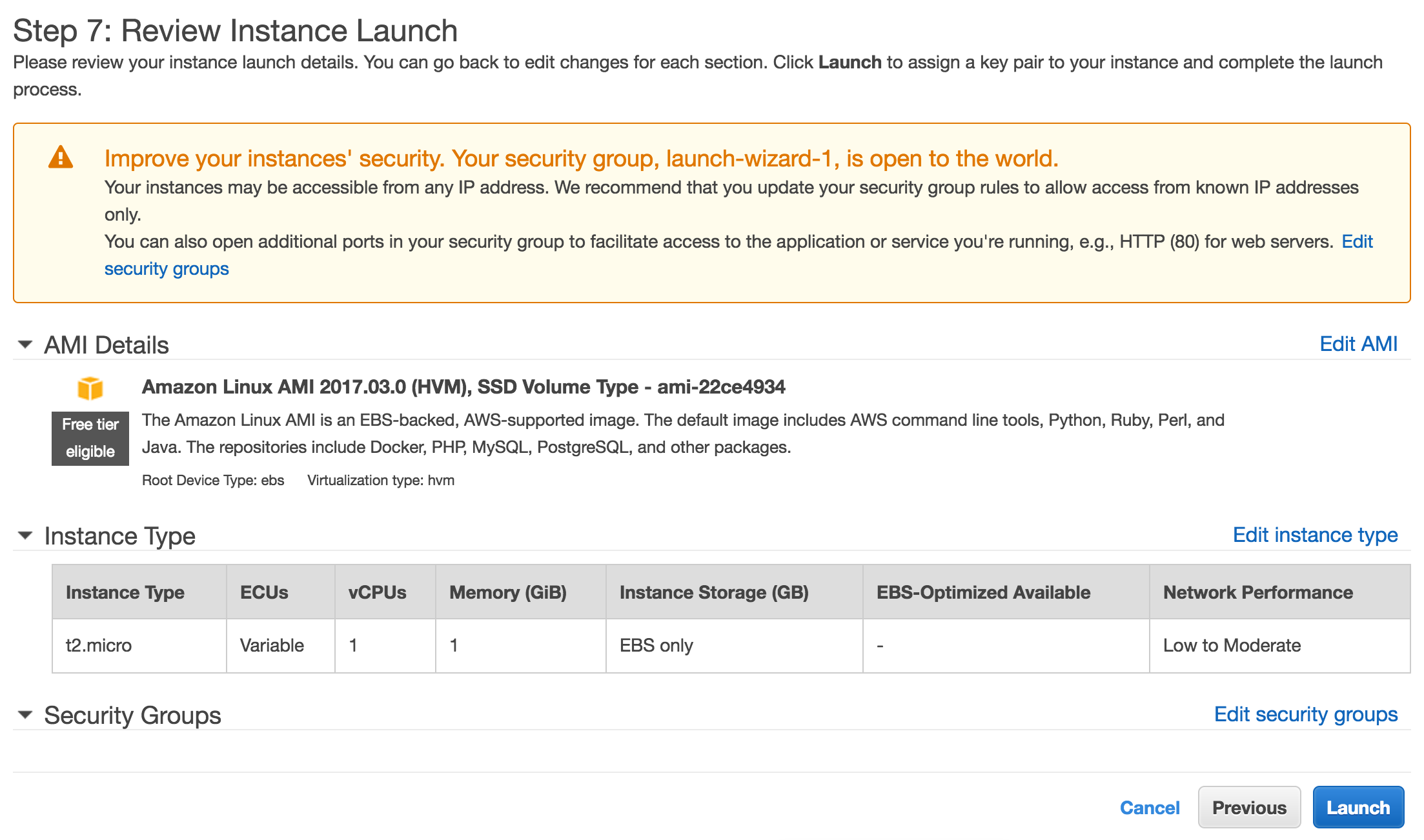 Review your instance launch